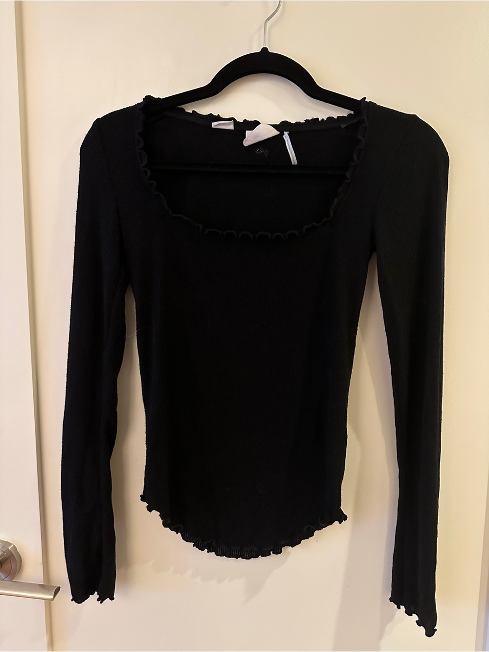 Out From Under Black Ribbed Long-Sleeve Top with Lettuce Hem - Women